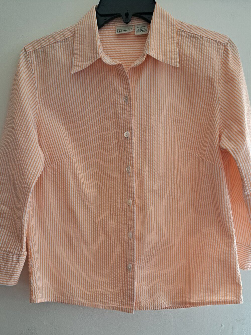 L.L. Bean Women’s Seersucker Button Up Shirt Orange/White Striped Cotton XS